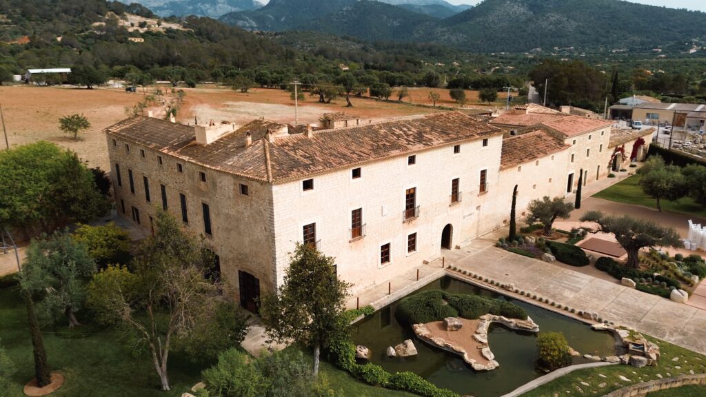 An aerial photo of Finca Morneta in Mallorca. As a destination wedding videographer I ensure that I capture all of the important shots on your wedding day, including drone videography.
